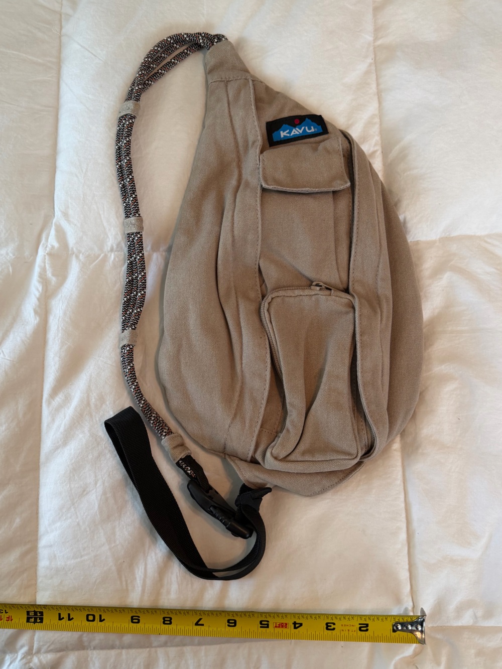 Mini Kavu Beige/Tan/Taupe Canvas Sling Pack with Patterned Strap - Picture 2 of 6
